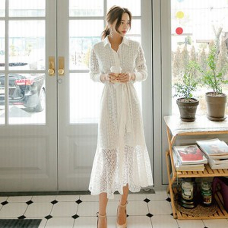 シャツワンピース 春 ロング丈 ロングシャツワンピース 長袖 白 緑 レース ロングワンピース レディース 透け感 きれいめ 上品 通販 Lineポイント最大4 0 Get Lineショッピング