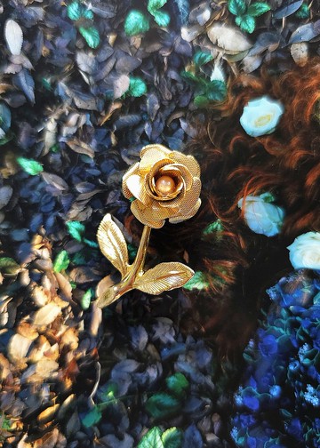 金格紋玫瑰珍珠花蕊胸針/別針/復古珠寶首飾/美國西洋古董