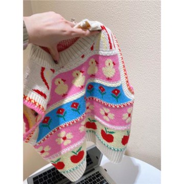 2025春秋新款女童卡通碎花毛衣寶寶馬甲女孩針織背心中小童針織衫