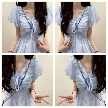 連衣裙短袖洋裝女法式系帶V領泡泡袖藍色小個子超仙女收腰顯瘦長裙子夏季新款