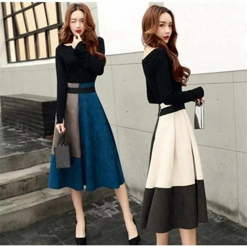 送料無料 短納期 秋ワンピース風 2点セット 長袖 セットアップ ｖネック ミディアム丈 膝丈 無地 日常ツーピース 秋服 秋物 お出かけ 体型カ 通販 Lineポイント最大0 5 Get Lineショッピング