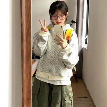 氣質復古帽T 上衣 外套 衛衣 帽T 韓系慵懶風秋季學院新款連帽衛衣女氣質復古條紋寬鬆開衫外套