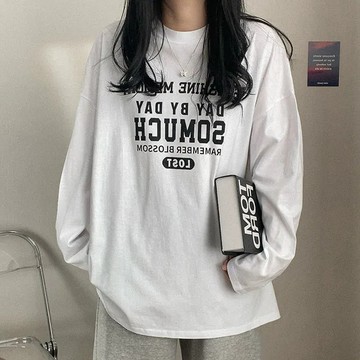 Vuja de 純棉T恤 長袖t 圓領 oversize 長袖內搭 長袖 秋冬上衣 印花 潮流衣服 薄款 衣服女 上衣女