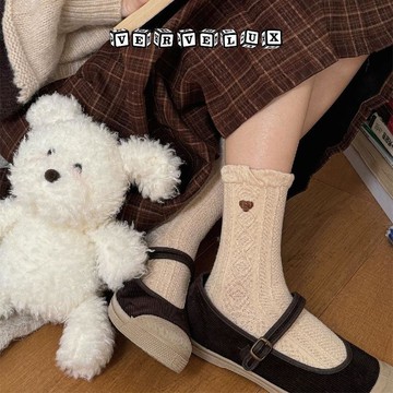 两件9.9折🔥臺灣出貨🔥可開發票✅IOULOR秋冬復古棉襪日系女生美拉德色系襪子蝴蝶結泡泡口中筒襪