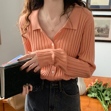 Polo翻領針織開衫打底衫秋季薄款復古溫柔毛衣長袖顯瘦內搭上衣女