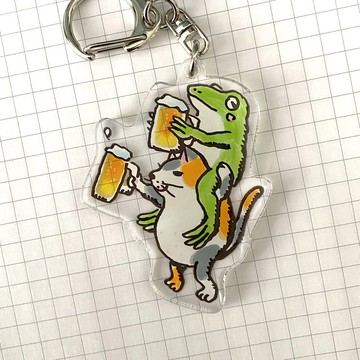 壓克力鑰匙鏈貓和藍蛙歡呼