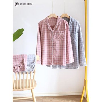 日系磨毛格子情侶睡衣女春秋純棉絨布簡約寬松休閑可外穿家居服男