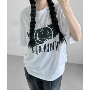 已售9642件💖Vuja de 純棉 t恤 短袖上衣女 笑臉印花 T恤 韓國上衣 oversize T恤 潮流衣服 寬