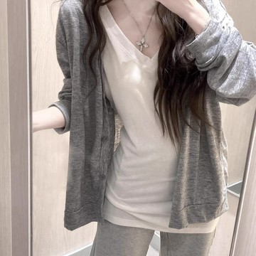 高階穿搭玩家~  韓系chic 慵懶風套裝 薄長袖外套 開衫 女 V領 短袖t 高腰A字 垂墜感長褲 休閒褲 現貨隔日達