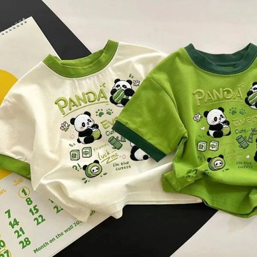 夏日兒童仿刺繡可愛熊貓印花T恤短袖中小童男女寶寶休閒純棉上衣t 中小童上衣 運動短袖 兒童T恤 圓領上衣 夏裝T恤