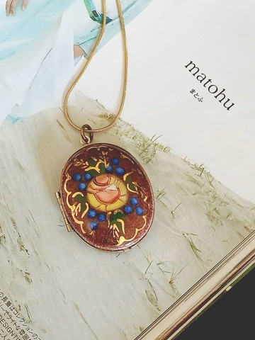 vintage jewelry 古董典雅琺瑯花卉相框 項鍊