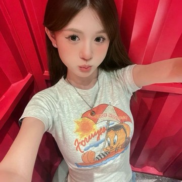 CU🇰🇷懷舊卡通🖤百搭基本款 卡通印花短袖T恤上衣 短袖上衣 修身顯瘦上衣