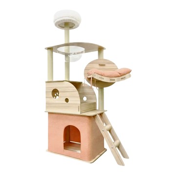 哈囉毛孩 帳篷貓屋 + 半開放式小木屋 太空艙貓跳台 附貴妃躺枕 145cm  粉色 + 木色  1組