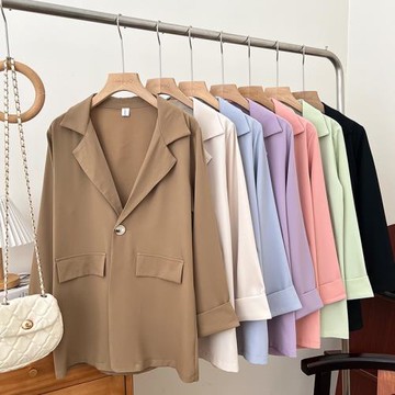 韓版休閑百搭v領一粒扣寬松顯瘦七分袖薄款西裝外套上衣女早春