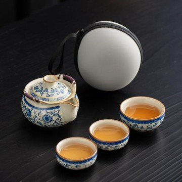 青花手抓壺旅行功夫茶具小套裝便攜式戶外露營陶瓷快客杯一壺三杯