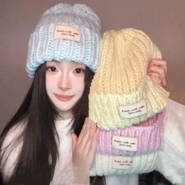 【保暖顯瘦】MY女裝藍色針織毛線帽 堆堆帽 冷帽 女士冬天保暖帽子 毛線帽 洋氣好看