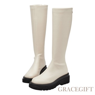 【Grace Gift】百搭素面中車線厚底瘦瘦長靴 米白