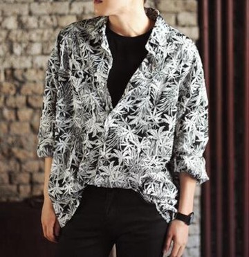 FINDSENSE 品牌 時尚休閒 男士 楓葉印花 秋領 長袖襯衫