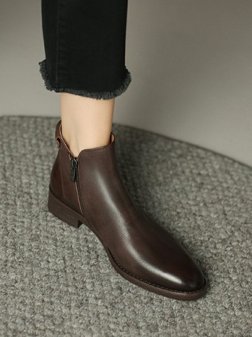 免運~棕色復古小短靴女春秋單靴真皮靴子粗跟踝靴切爾西靴英倫風馬丁靴