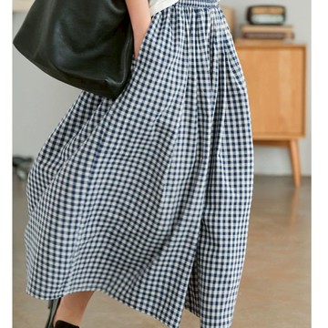 有大碼棉麻格子闊腿褲寬松時尚裙褲