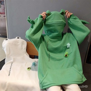 冬季薄款網紅衕款衛衣男寬鬆休閒百搭情侶青蛙連帽上衣外套 GHEJ