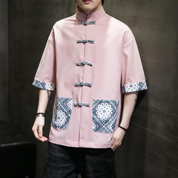 冰絲短袖襯衫男夏季寬鬆五分短袖襯衫中式盤扣立領上衣中國風唐裝
