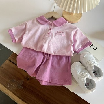 Healthy baby 100%純棉polo領短袖+短褲兩件套女童紫色系夏季新款韓版套裝ins潮 女童套裝 短袖套裝