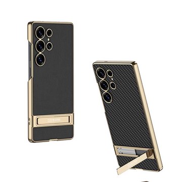 跨境適用三星s25ultra手機殼 s25u 電鍍 素皮 凱旋支架創意保護套