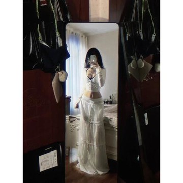 Pumpkin/白色蕾絲拼接高腰垂感超長裙百搭顯瘦A字半身裙仙女裙子