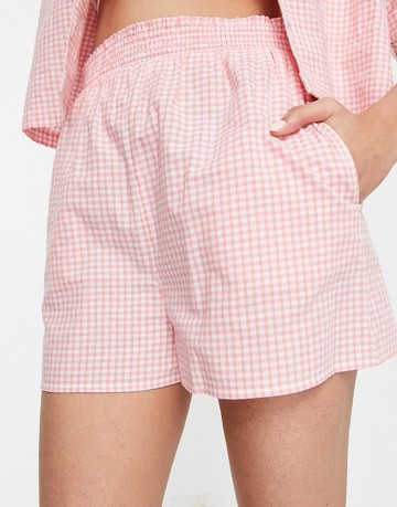 Miss Selfridge shirred waist flippy short in orange and pink check-Multi