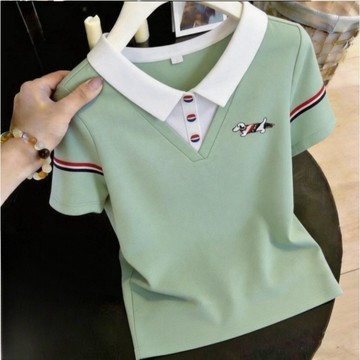 美式刺繡POLO衫 上衣 POLO衫 短袖衫 大碼短袖POLO衫 寬鬆顯瘦上衣女 夏日翻領服飾 美式透氣衣服 韓係多巴胺