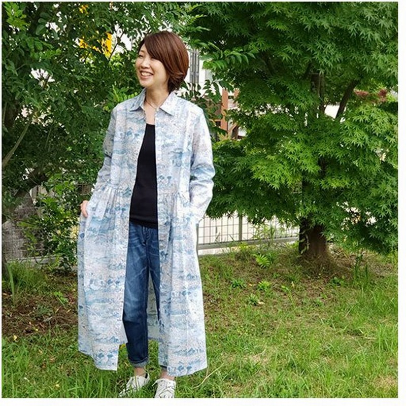 Libertyシャツ衿付ワンピース 全開タイプ ストーリーアイランド ブルー リバティプリント使用 リバティワンピース タナローン 通販 Lineポイント最大0 5 Get Lineショッピング