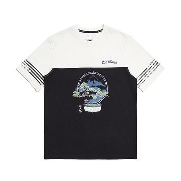 江戶勝 日系 男裝 剪接盆栽寬版短袖T恤(黑色) #上衣