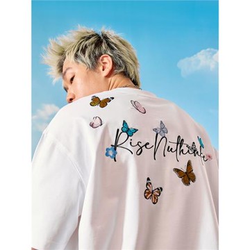 Nuthink蝴蝶花卉刺繡字母短袖T恤重磅美式潮牌半袖男女新2026年夏