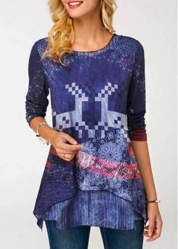 Long Sleeve Navy Blue Layered Printed T Shirt