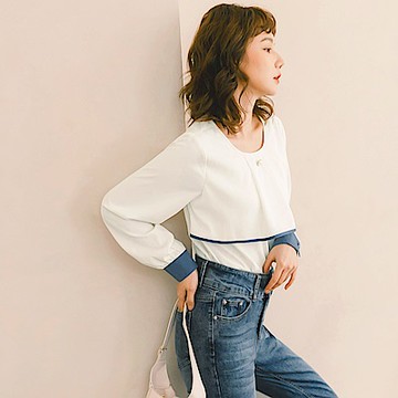 OB嚴選-不易皺雪紡拼接珍珠飾釦撞色長袖上衣