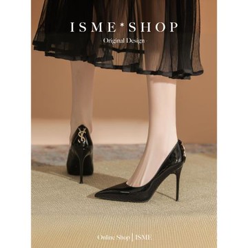 尖頭高跟鞋扣鏡面PU女鞋漆皮后跟金屬女細跟淺口單鞋通勤網紅OL床