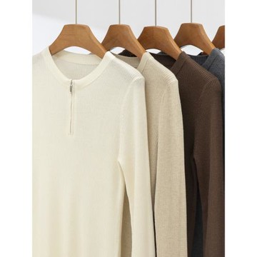 坑條半開圓領套頭長袖內搭羊絨毛衣女秋冬新款純色羊毛針織打底衫