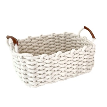 編織收納籃 棉繩編織 環保材質 防潮防霉 大容量 衣物收納 升級皮革提把  大(31 x 21 x 16cm)  奶霜白  1個