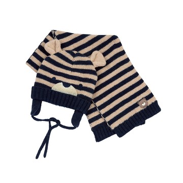泰迪世家-條紋造型針織帽+圍巾配件組