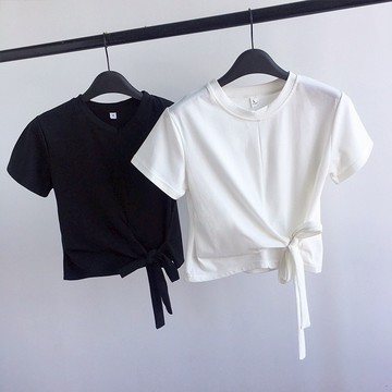 ZUCA”S - 韓板綁帶修身小心機短版上衣 短袖上衣 短袖t恤 女裝 素T  -T-340