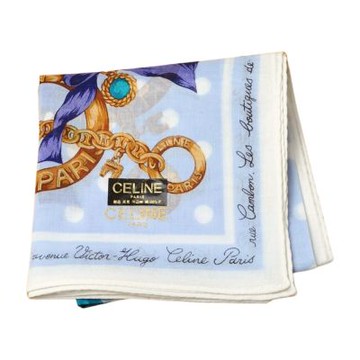 CELINE 波點金屬鍊條蝴蝶結圖騰字母LOGO帕領巾(粉藍底/48CM)