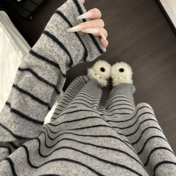 DUYI~夢詩 睡衣女大學生秋冬德絨簡約條紋長袖長褲家居服套裝
