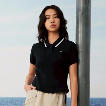CONVERSE SLIM BUTTON UP POLO 短袖上衣 女 黑色-10027770-A03