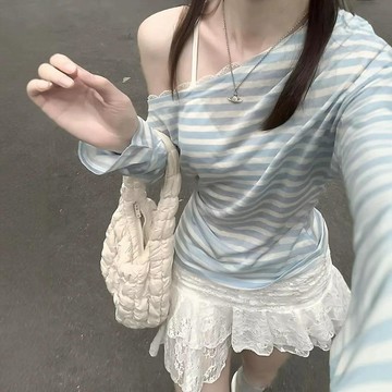 ✨高品質✨蕾絲邊清新感ins斜肩條紋T恤女夏韓系慵懶風寬鬆顯瘦露肩百搭上衣