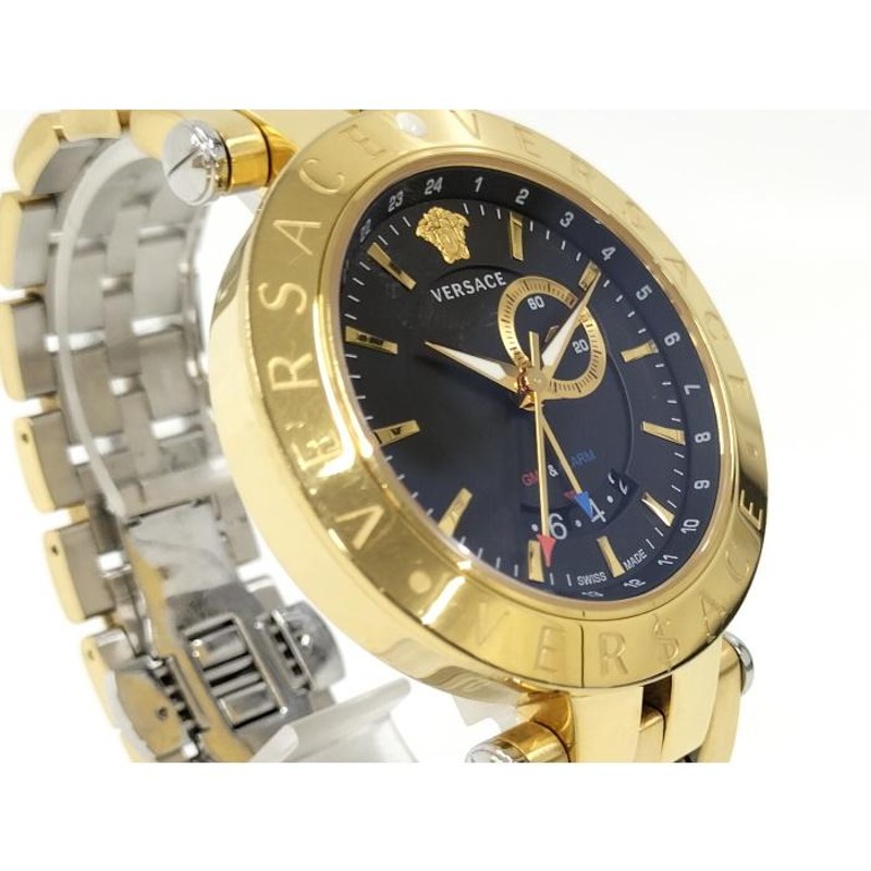 中古】VERSACE GMT アラーム メンズ 腕時計 クオーツ SS GP ブラック ...