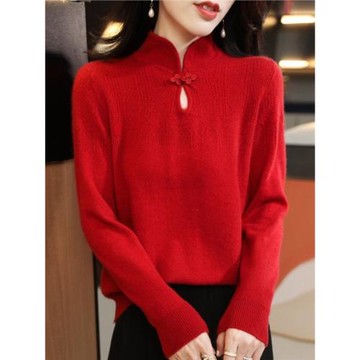 100%純羊毛中國風拜年裝復古旗袍領羊絨衫優雅毛衣圣誕DYZM018