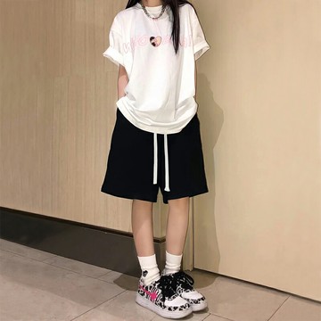 黑色運動短褲女2022年夏季薄款高腰寬松休閑五分褲直筒港味中褲潮