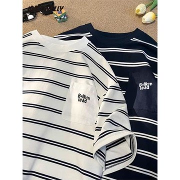 圓領條紋短袖T恤男女2025夏季新款潮流情侶款上衣美式寬松抗皺t恤