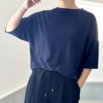 【接觸涼感】側邊開衩 寬鬆廓形短袖套頭衫 5色可選【海軍藍】2025年重新設計款